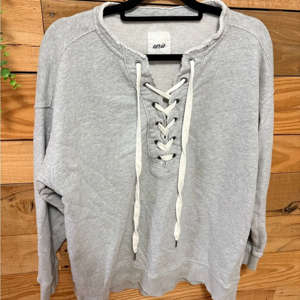 Aerie Heather Gray Oversized Lace-Up Hoodie Size Small - Picture 3 of 5